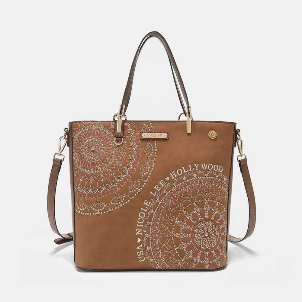 Nicole Lee USA Metallic Stitching Embroidery Inlaid Rhinestone Tote Bag - Purcell's Clothing Company