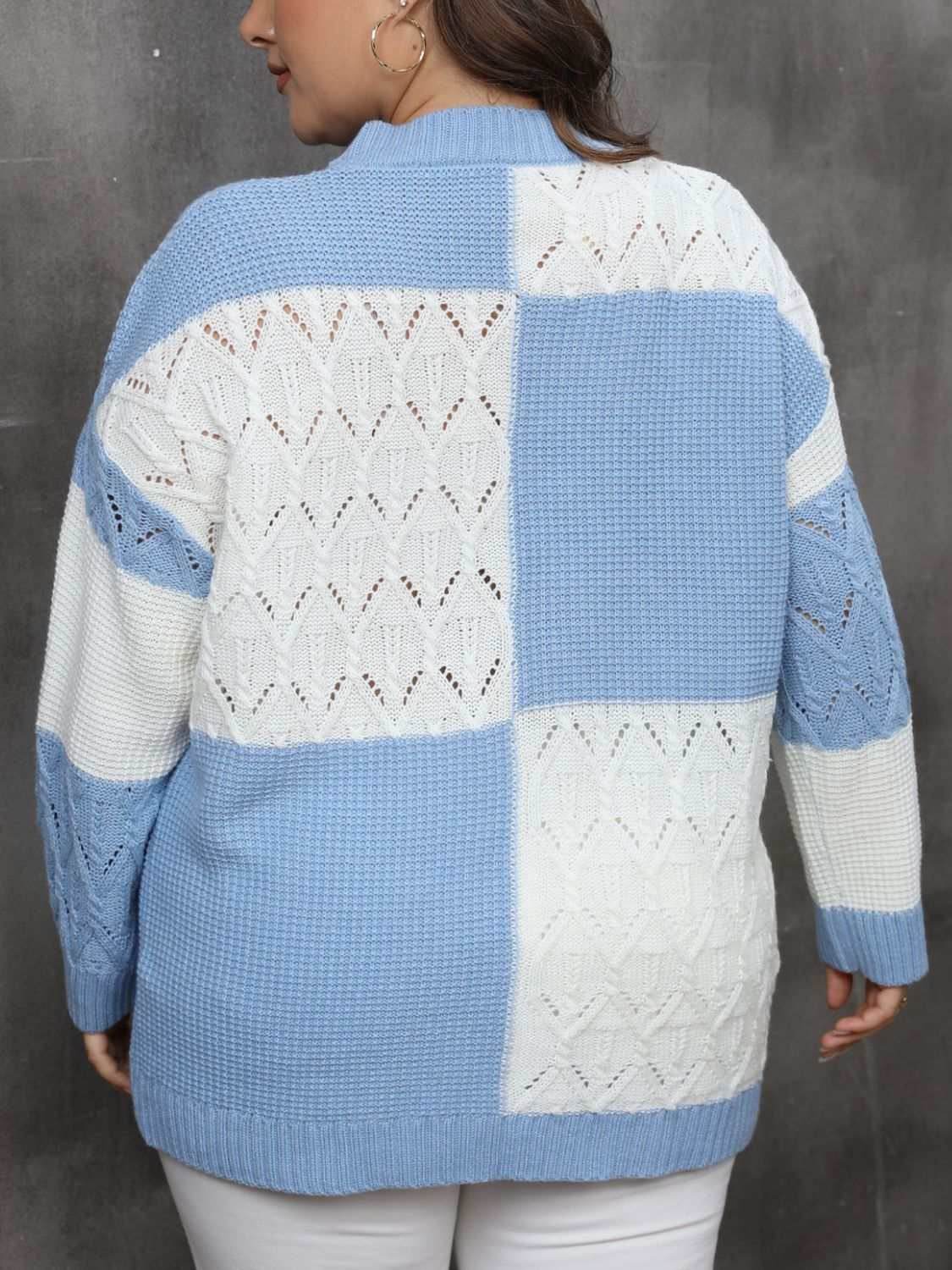 Plus Size Openwork Color Block Long Sleeve Sweater - Purcell's Clothing Company