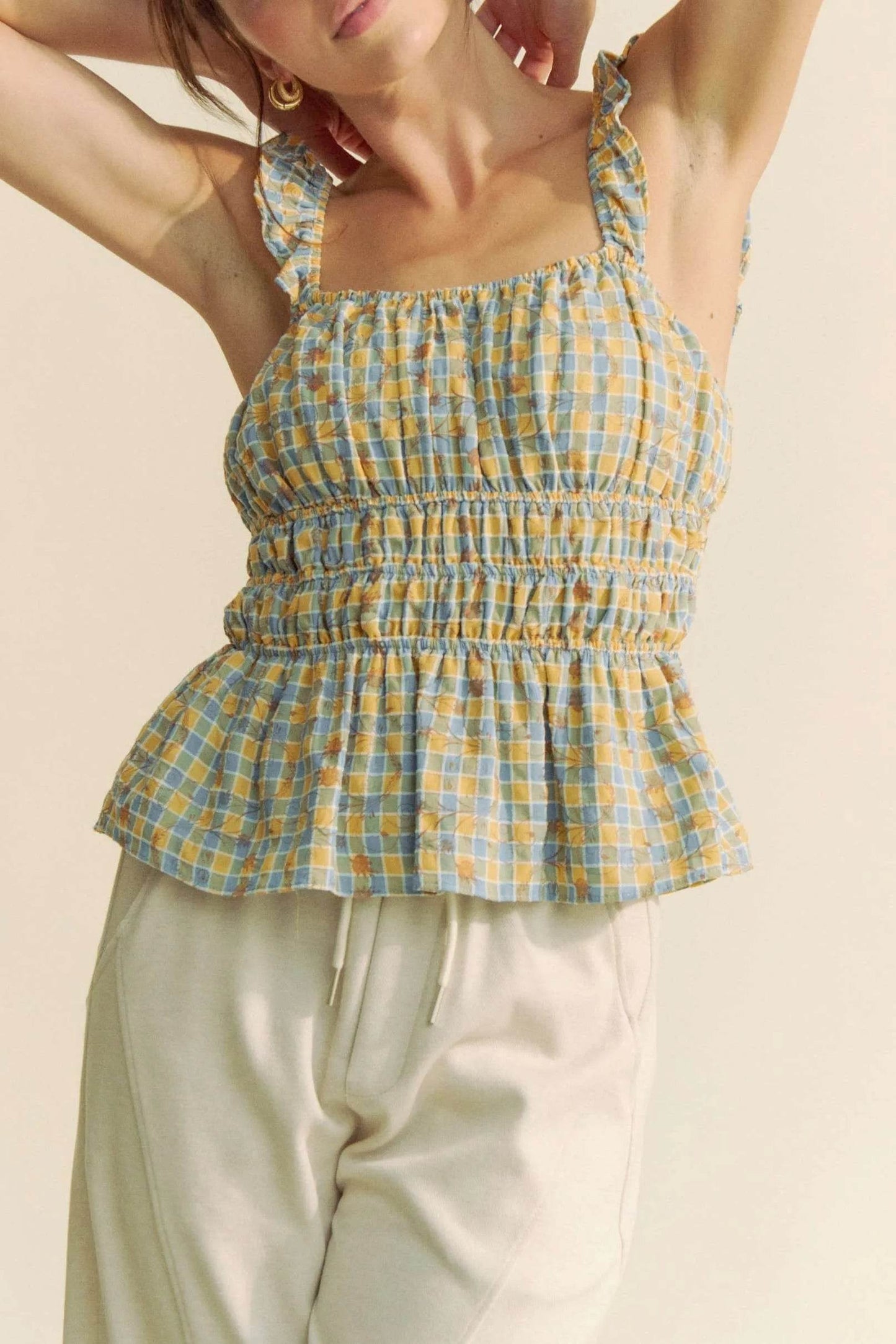 Davi & Dani Plaid Ruffled Strap Smocked Sleeveless Top - Purcell's Clothing Company