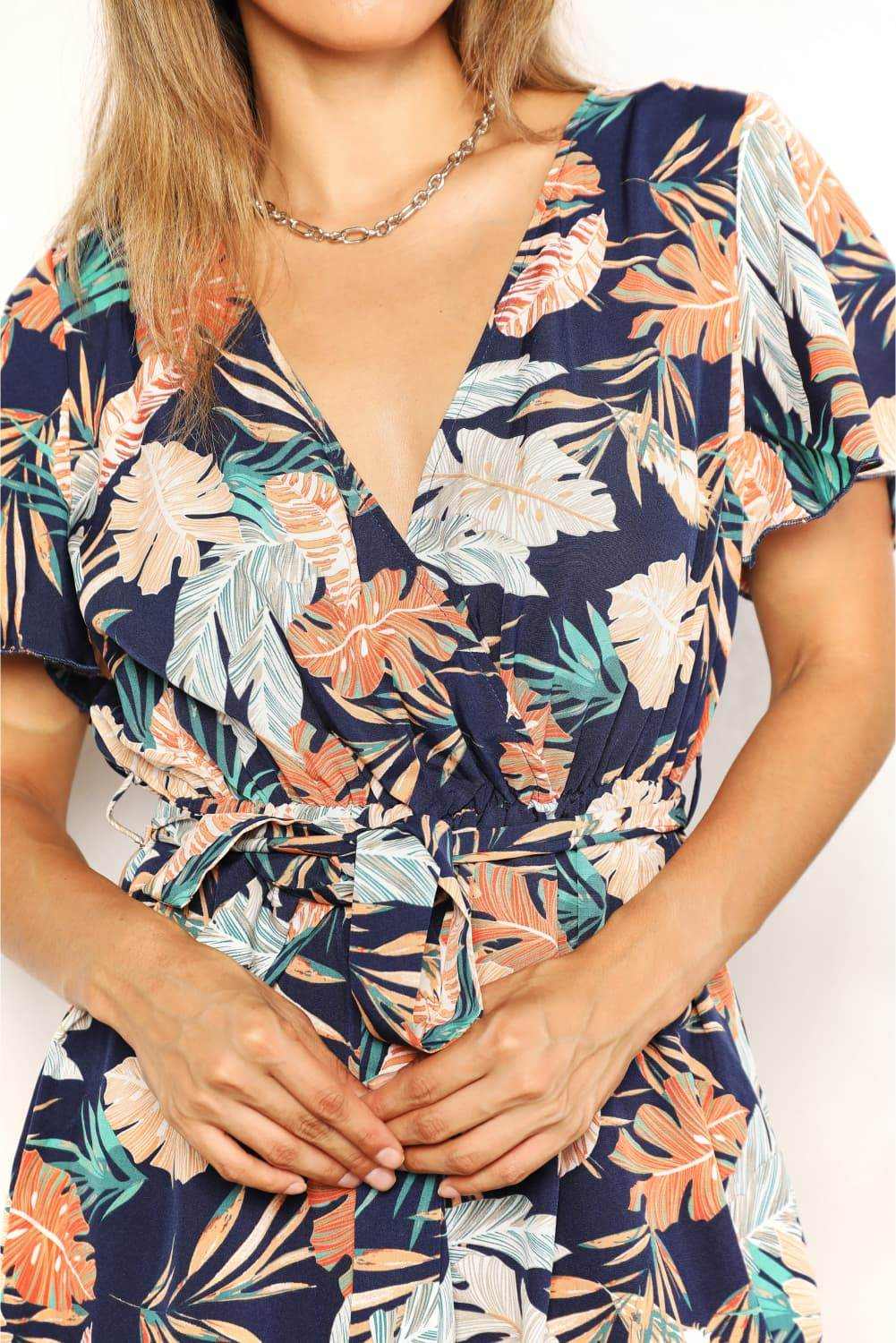Honey Botanical Print Surplice Neck Tie Waist Romper - Purcell's Clothing Company