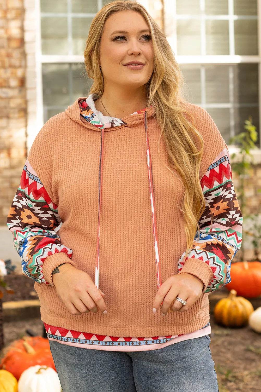 Plus Size Drawstring Geometric Long Sleeve Hoodie - Purcell's Clothing Company