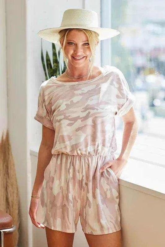 BiBi Camo Print French Terry Romper with Side Pockets - Purcell's Clothing Company