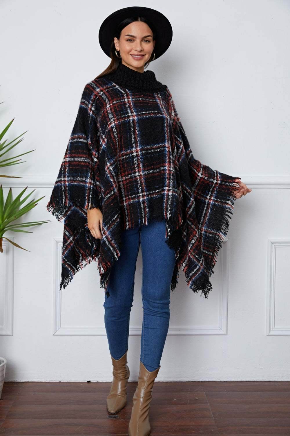 Shiny Turtleneck Plaid Raw Hem Sweater - Purcell's Clothing Company