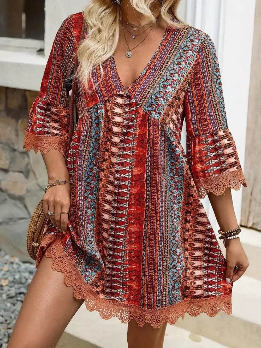 Lace Trim Printed V-Neck 3/4 Sleeve Dress - Purcell's Clothing Company