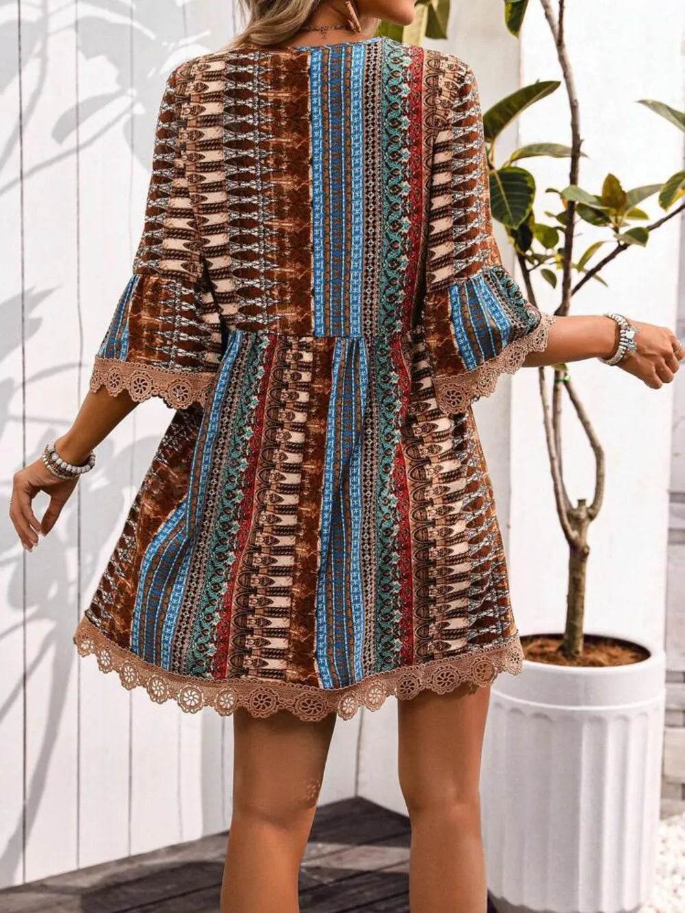Lace Trim Printed V-Neck 3/4 Sleeve Dress - Purcell's Clothing Company