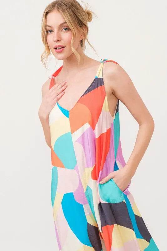 And The Why Tied Shoulder Straps Wide-Leg Geo Print Jumpsuit - Purcell's Clothing Company