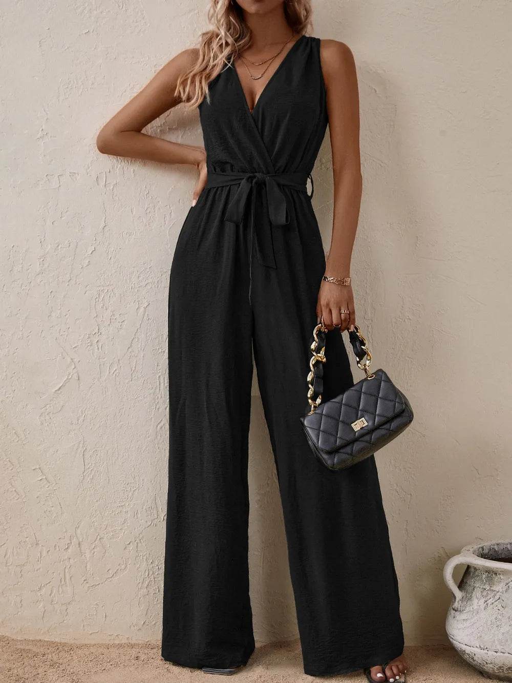 Honey Tied Surplice Sleeveless Wide Leg Jumpsuit - Purcell's Clothing Company