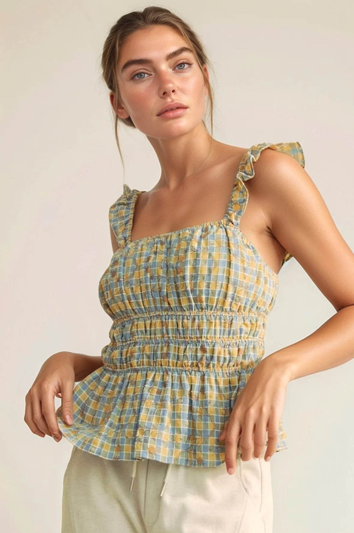 Davi & Dani Plaid Ruffled Strap Smocked Sleeveless Top - Purcell's Clothing Company