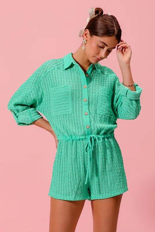 SO ME Textured Knit Button Front Romper - Purcell's Clothing Company