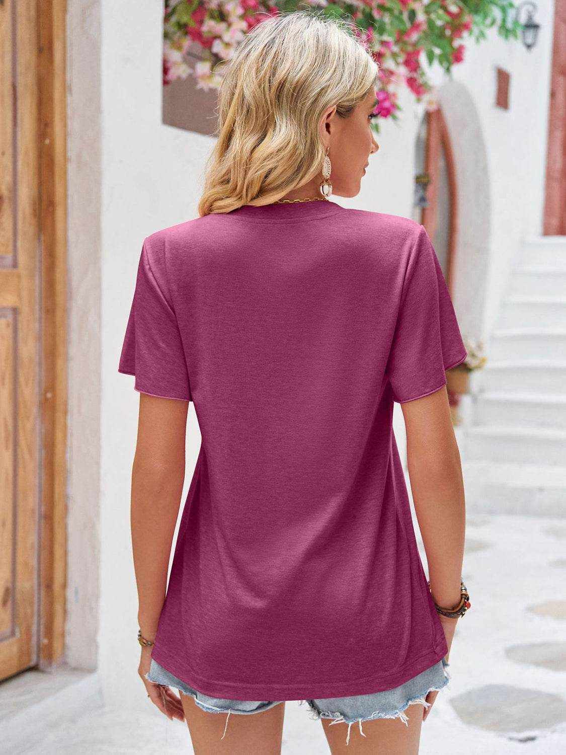 Double Take Ruched V-Neck Short Sleeve T-Shirt - Purcell's Clothing Company