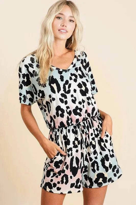 BiBi Gradation Leopard Soft Knit V-neck Romper - Purcell's Clothing Company