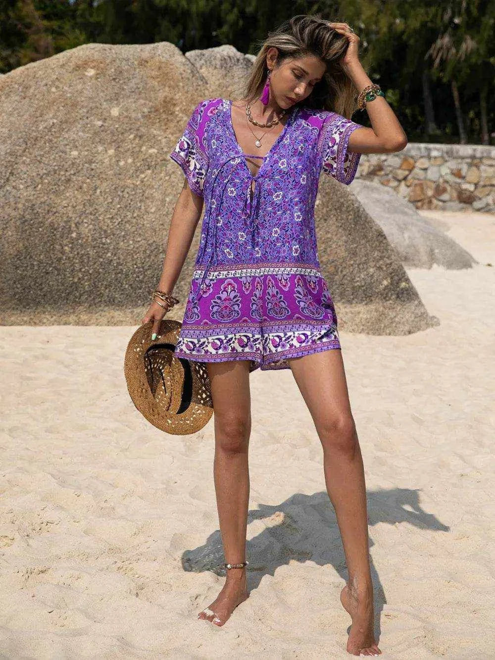 Tied Printed Short Sleeve Romper - Purcell's Clothing Company