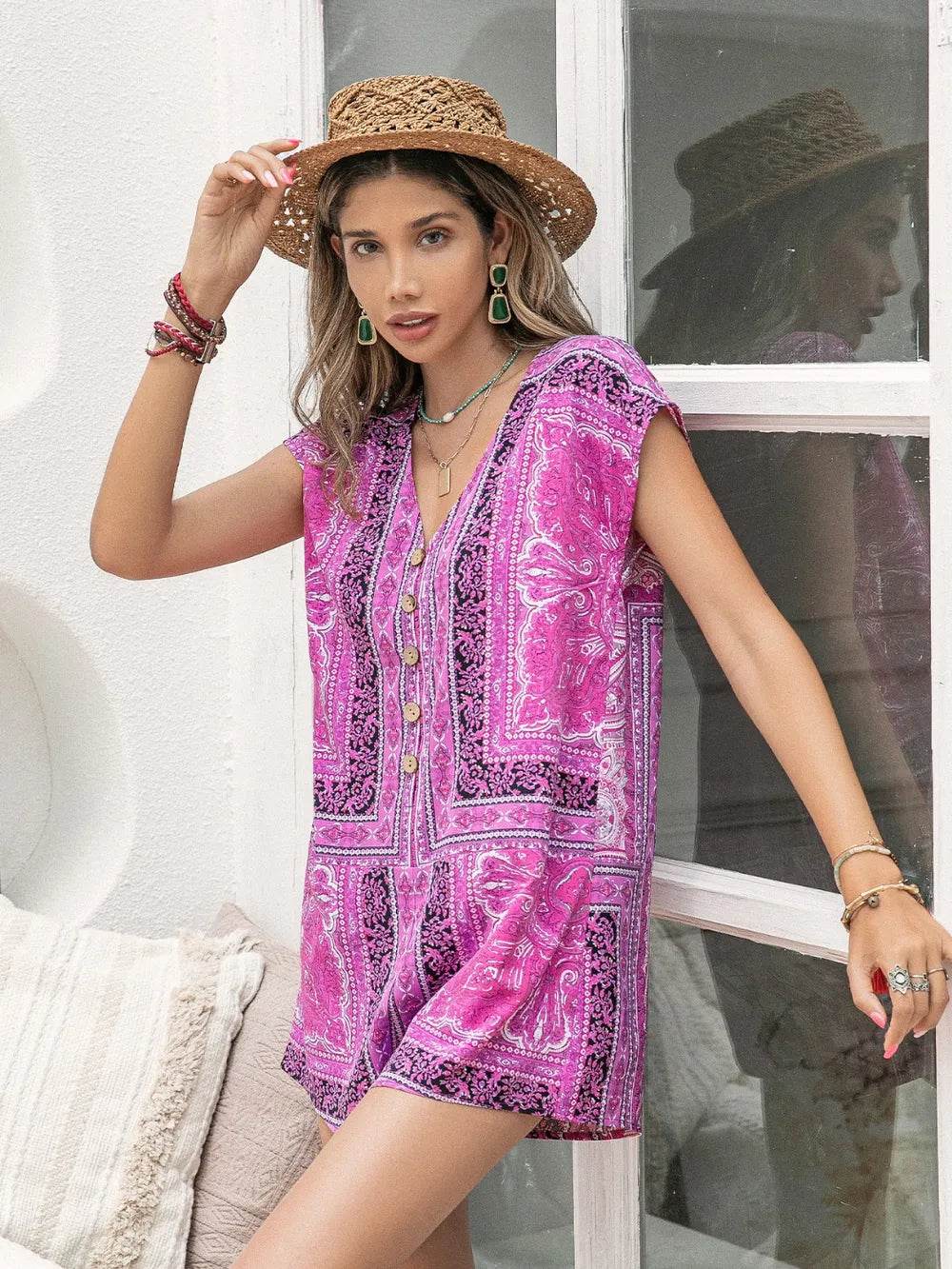 Printed V-Neck Cap Sleeve Romper - Purcell's Clothing Company