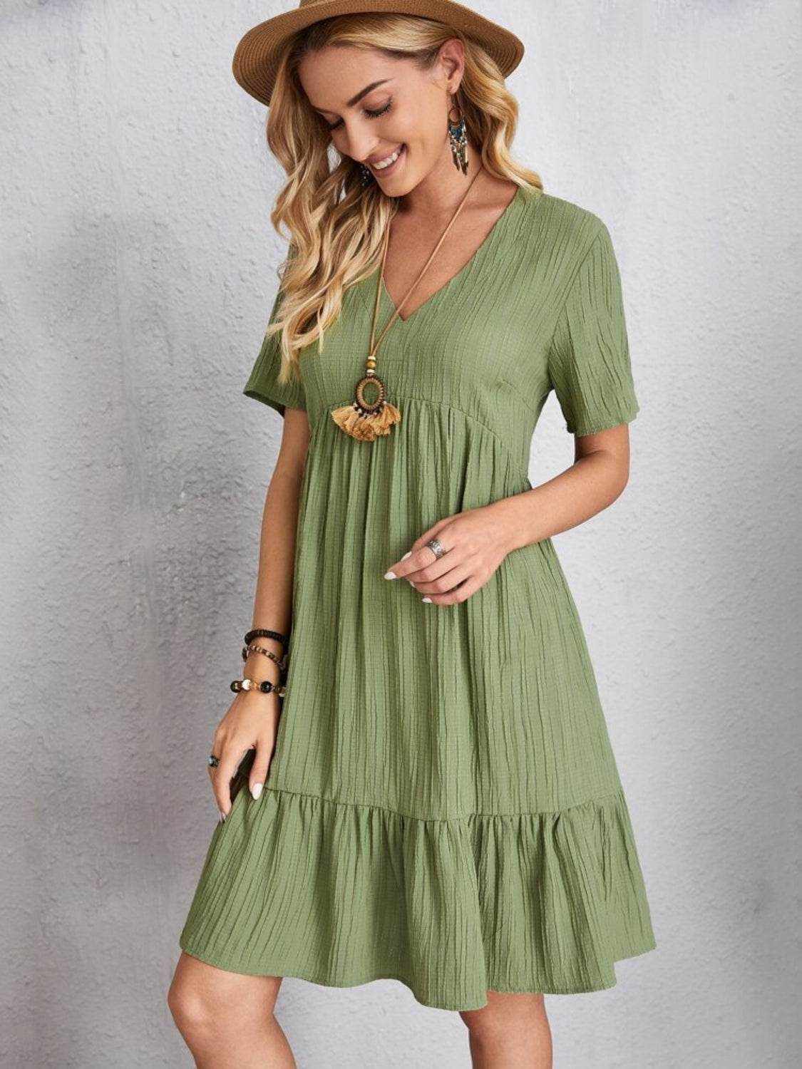 Full Size V-Neck Short Sleeve Dress - Purcell's Clothing Company