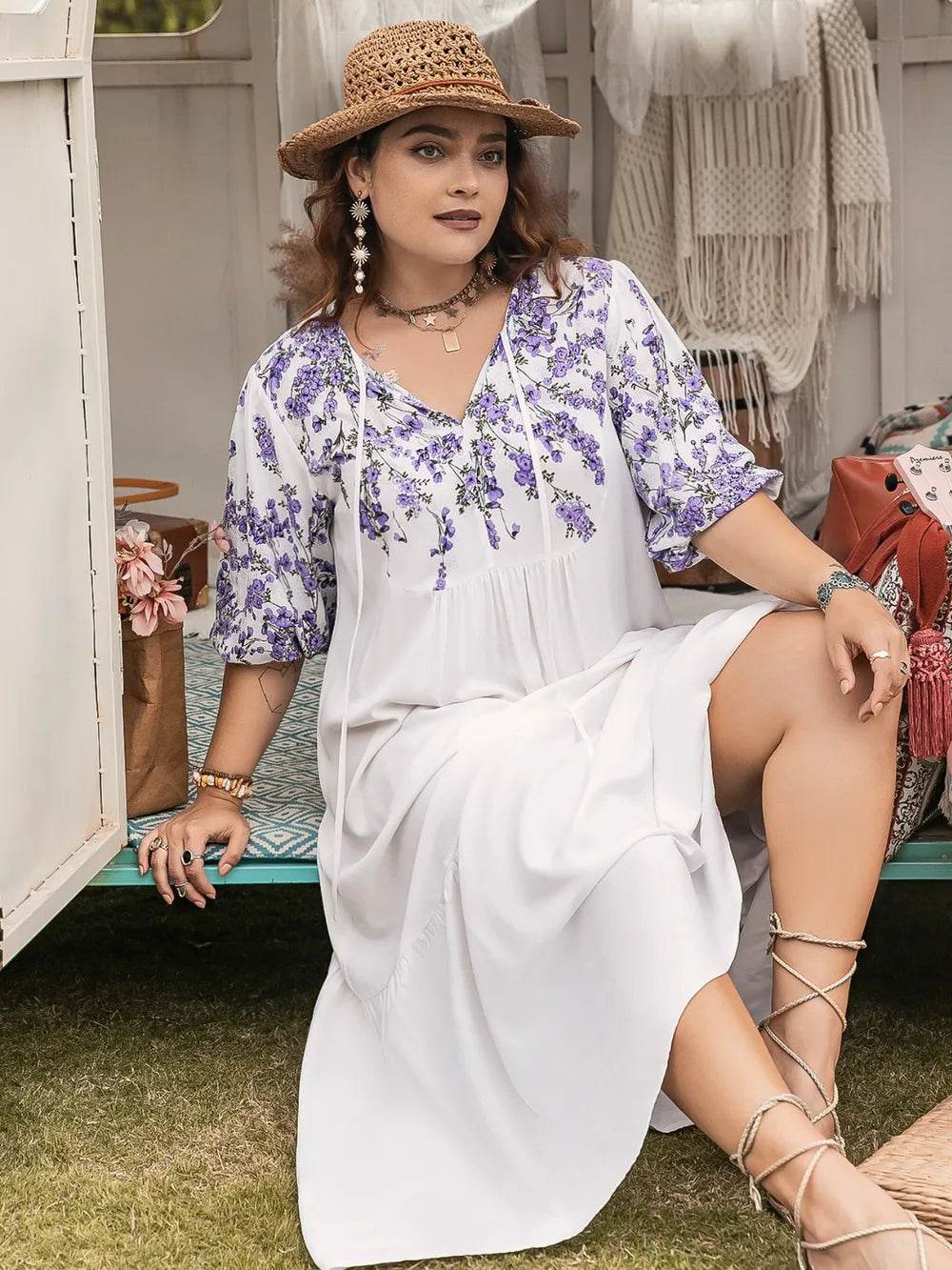 Plus Size Printed Tie Neck Half Sleeve Maxi Dress - Purcell's Clothing Company