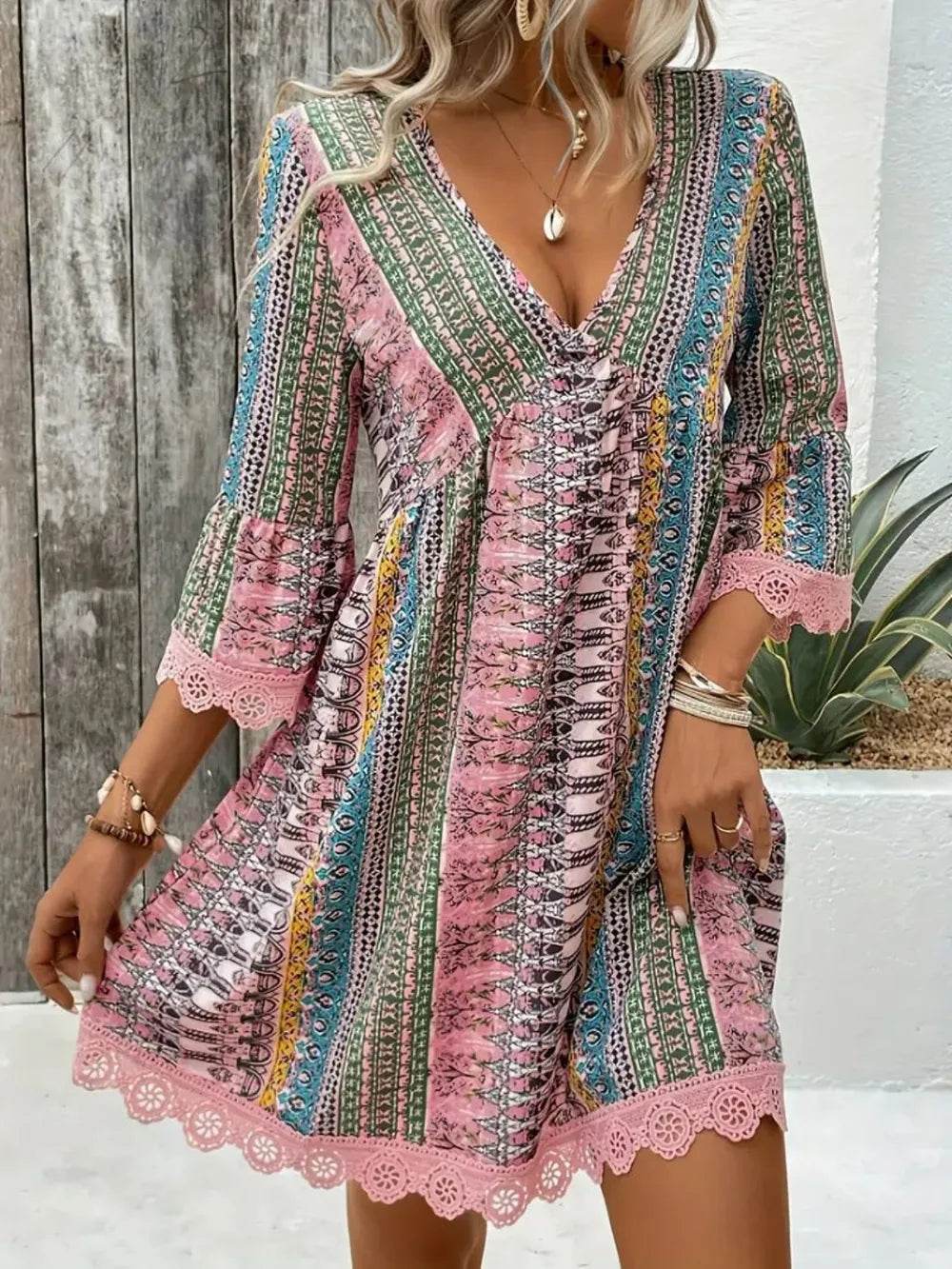 Lace Trim Printed V-Neck 3/4 Sleeve Dress - Purcell's Clothing Company