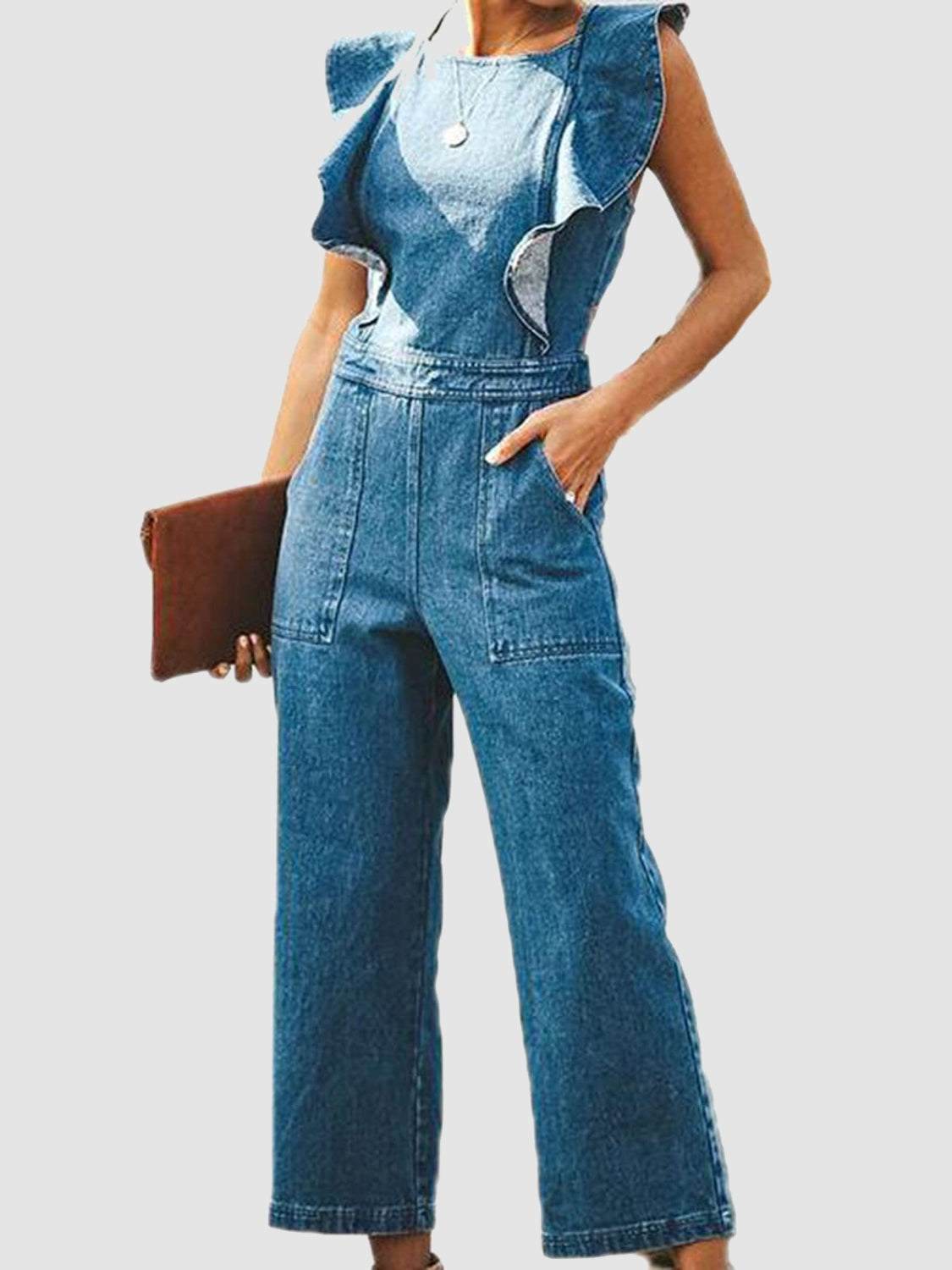 Ruffled Backless Sleeveless Denim Jumpsuit - Purcell's Clothing Company