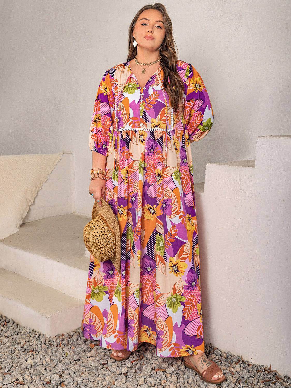 Plus Size Printed Tie Neck Maxi Dress - Purcell's Clothing Company