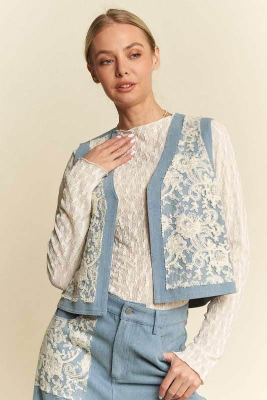Davi & Dani Lace Patch Open Front Denim Vest - Purcell's Clothing Company