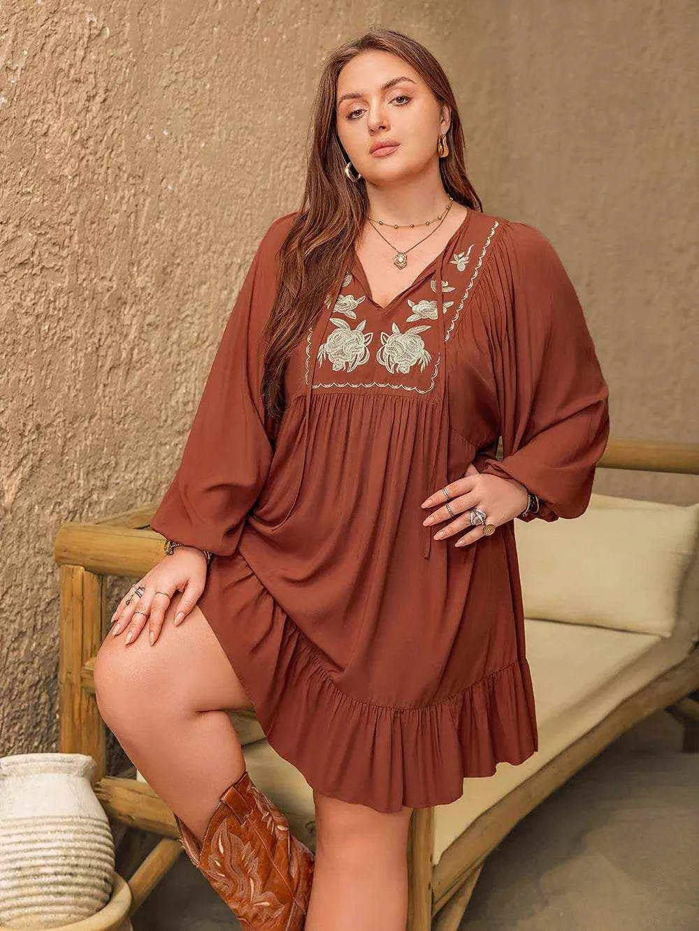 Plus Size Embroidered Tie Neck Balloon Sleeve Mini Dress - Purcell's Clothing Company