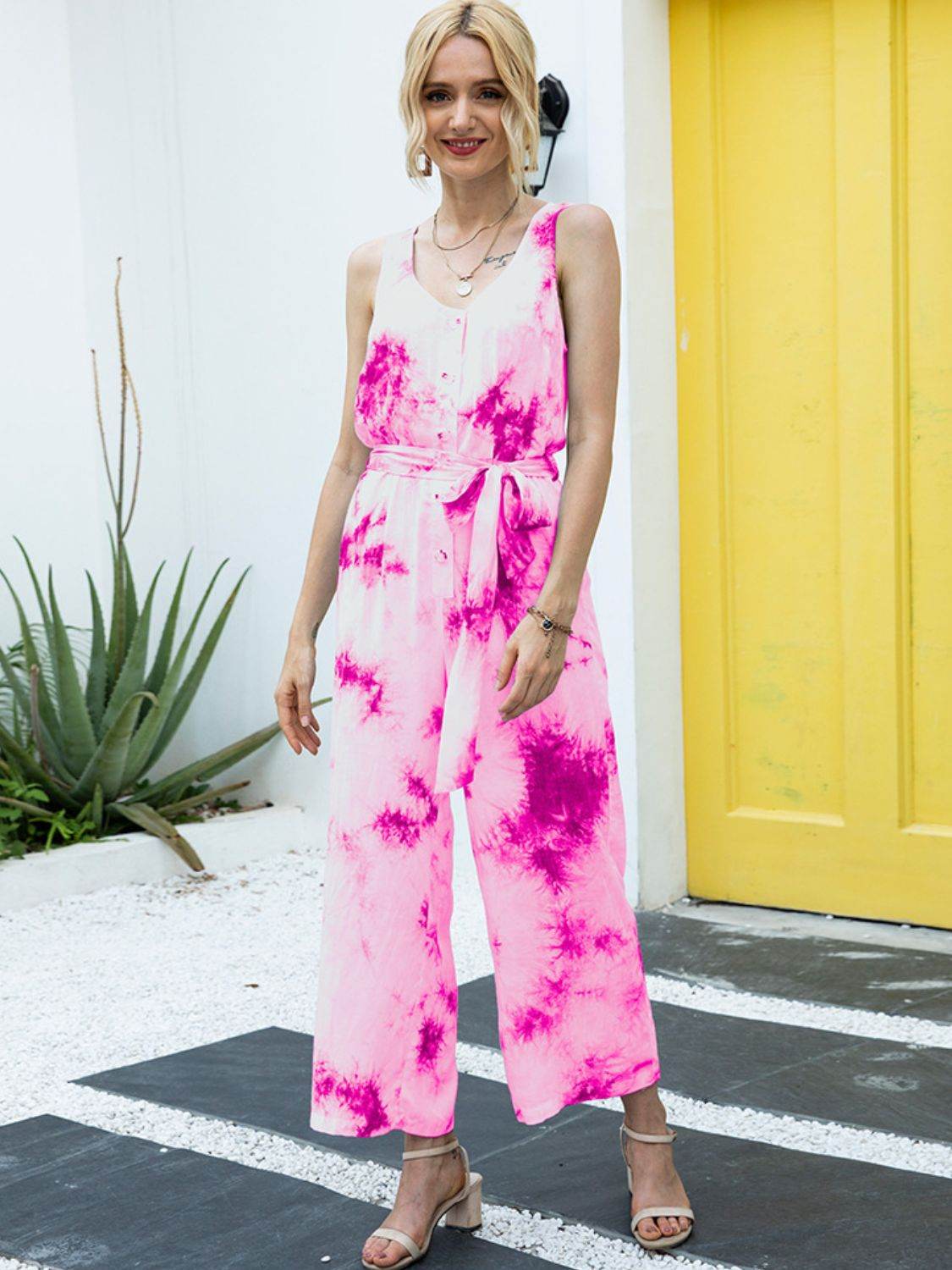 Ivy Lane Tie-Dye Tie Waist Sleeveless Jumpsuit - Purcell's Clothing Company