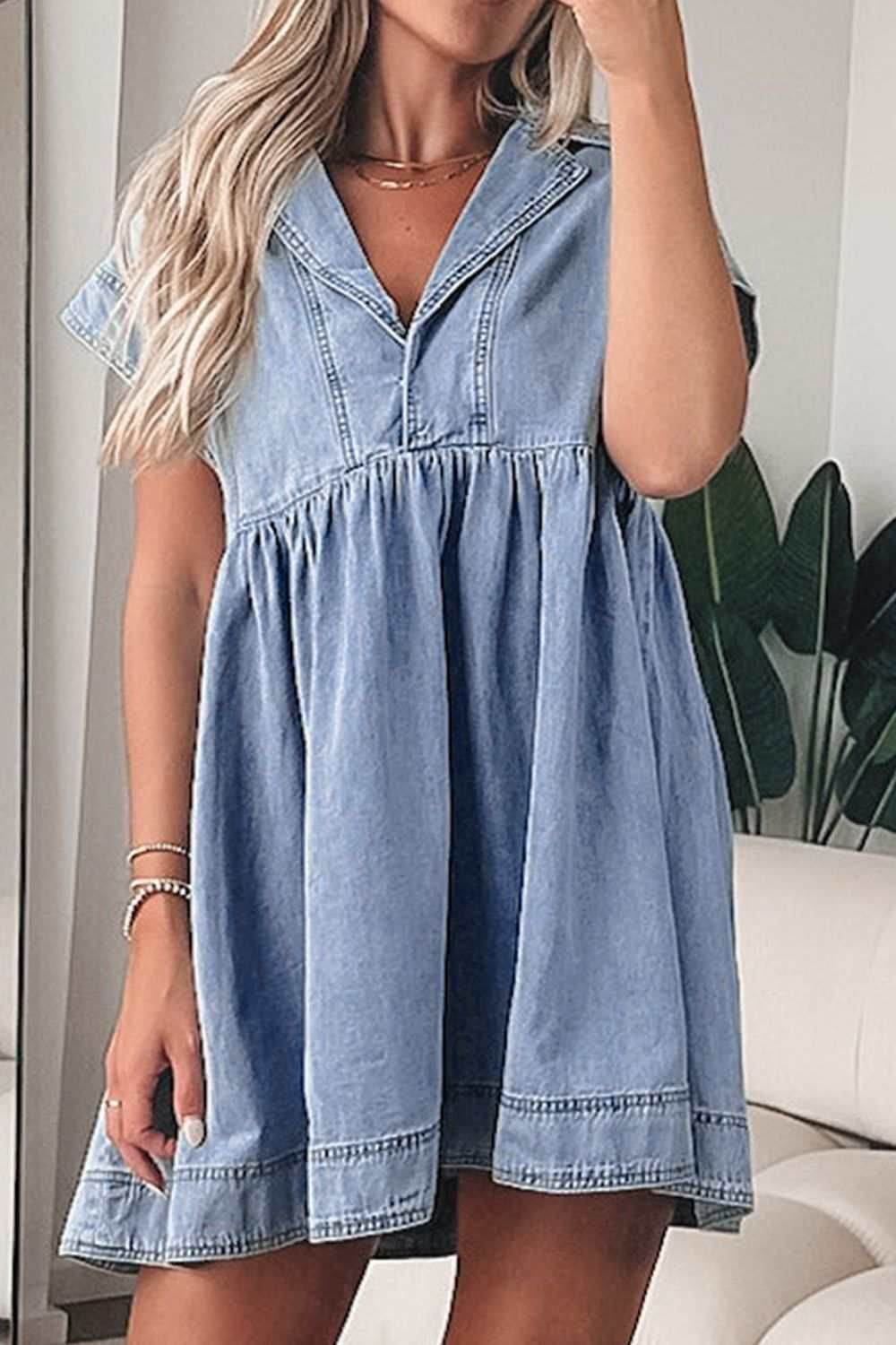 Lapel Neck Cap Sleeve Denim Babydoll Dress - Purcell's Clothing Company