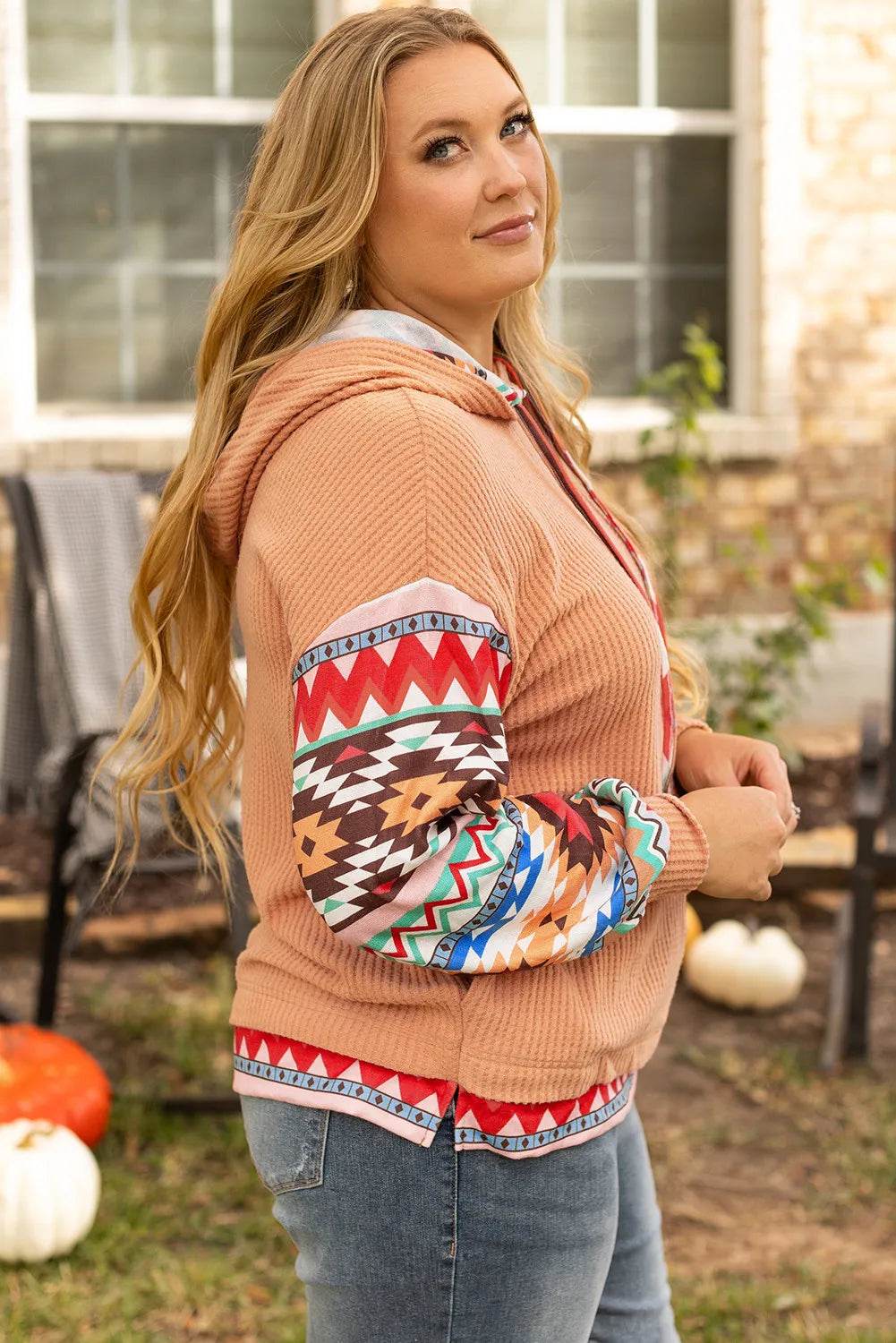 Plus Size Drawstring Geometric Long Sleeve Hoodie - Purcell's Clothing Company