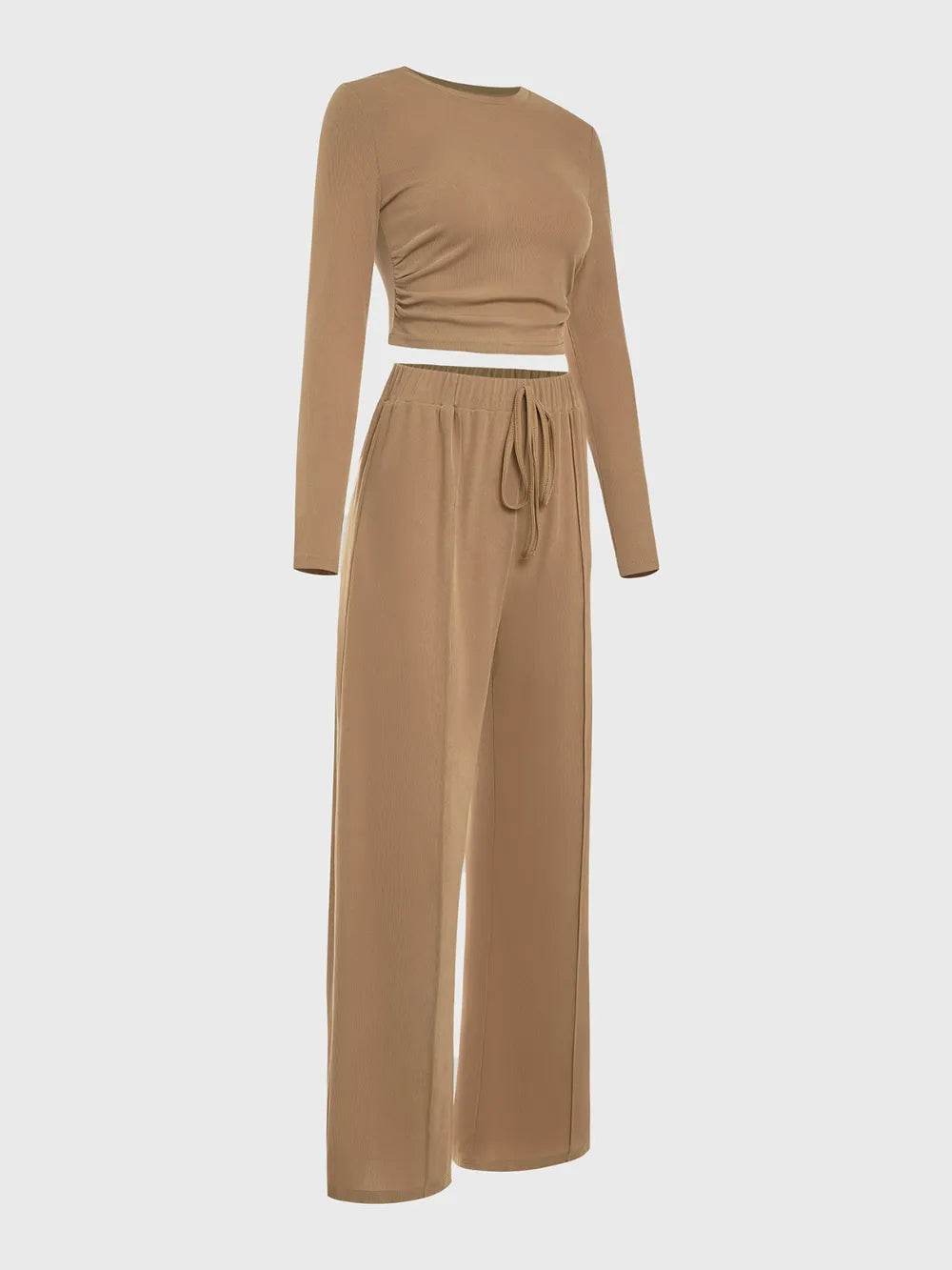 Round Neck Long Sleeve Top and Tied Pants Set - Purcell's Clothing Company