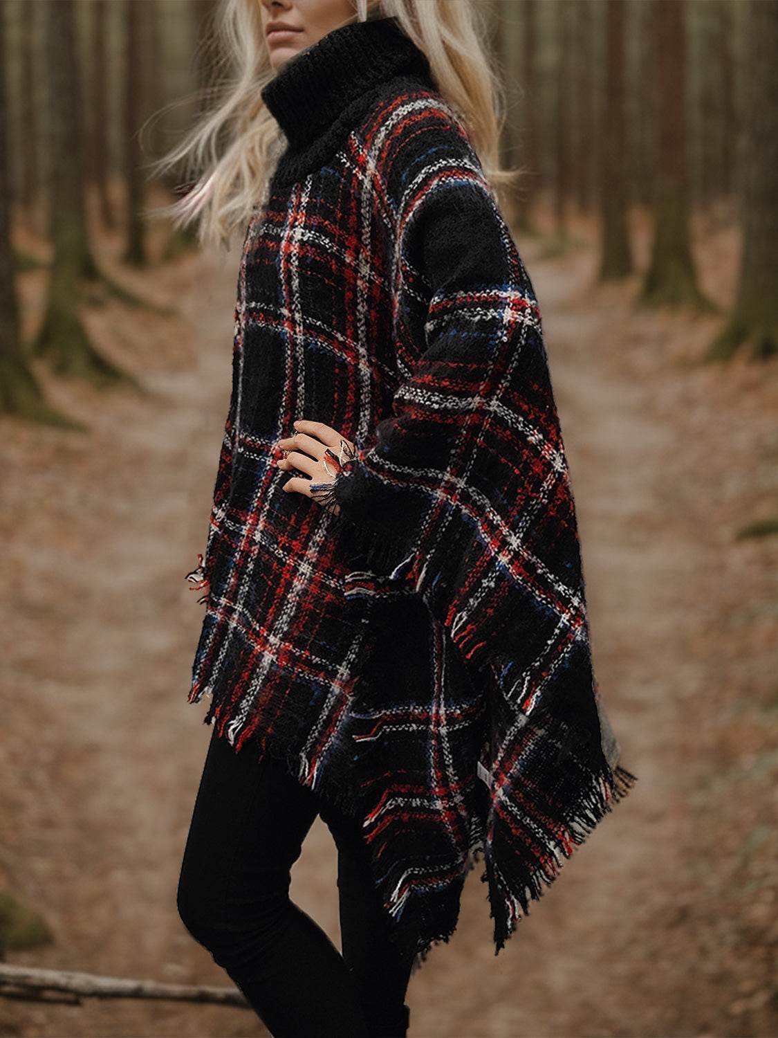 Shiny Turtleneck Plaid Raw Hem Sweater - Purcell's Clothing Company