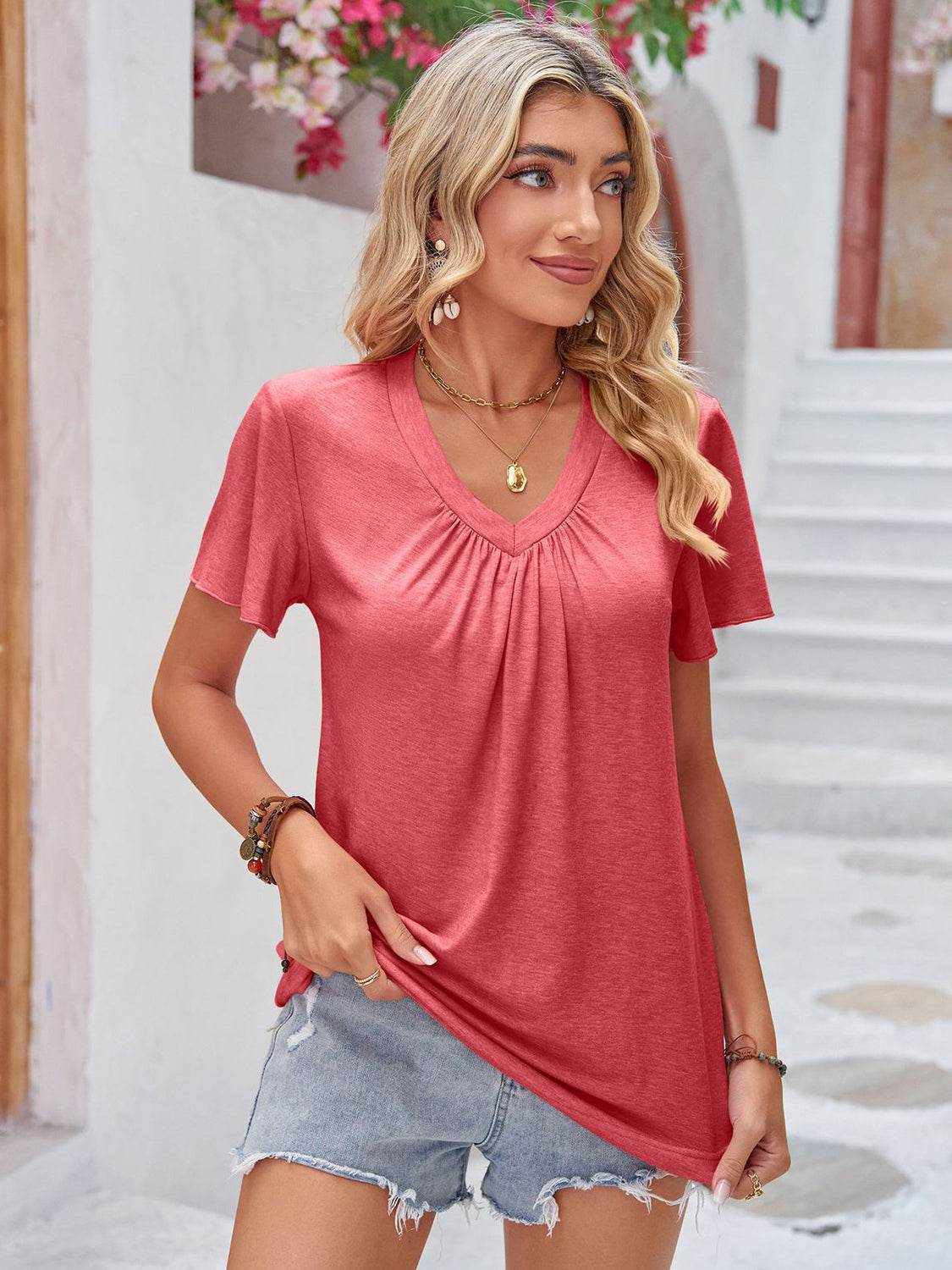 Double Take Ruched V-Neck Short Sleeve T-Shirt - Purcell's Clothing Company