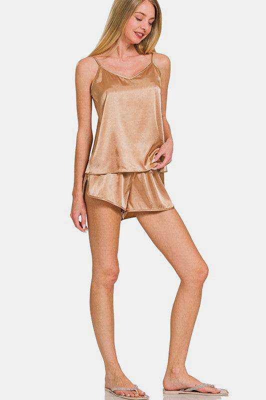 Zenana V-Neck Satin Cami and Elastic Waist Shorts Lounge Set - Purcell's Clothing Company