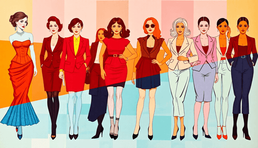 Diverse women showcasing a sartorial evolution of stylish red and neutral-toned outfits reflecting fashion history and modern trends
