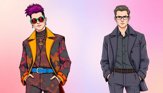 Side-by-side illustration of a flamboyantly dressed gay man with bright colors and accessories and a conservatively dressed straight man in a dark suit and glasses