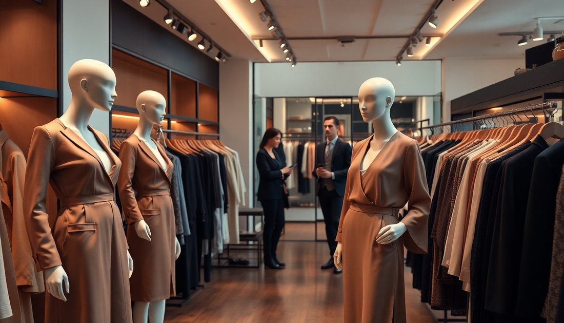 Mannequins dressed in stylish brown dresses in a clothing store showcasing personal fashion style options at Purcell's Clothing Company