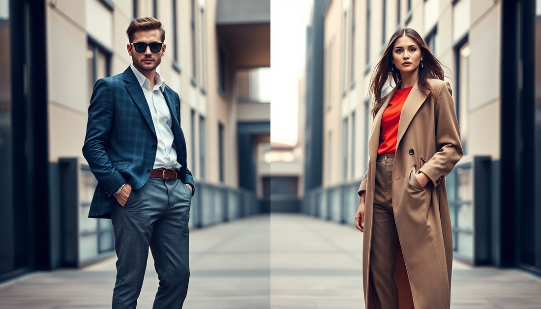 Stylish man in blue suit and woman in camel coat showcasing modern men's and women's fashion trends in an urban setting