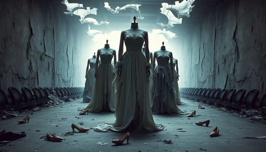 Dark, moody fashion display of elegant dresses on mannequins in a decayed, abandoned room symbolizing fashion's resilience and evolution