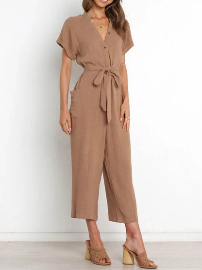 Notched Short Sleeve Tie Waist Jumpsuit - Purcell's Clothing Company