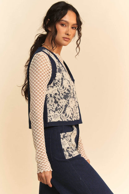 Davi & Dani Lace Patch Open Front Denim Vest - Purcell's Clothing Company