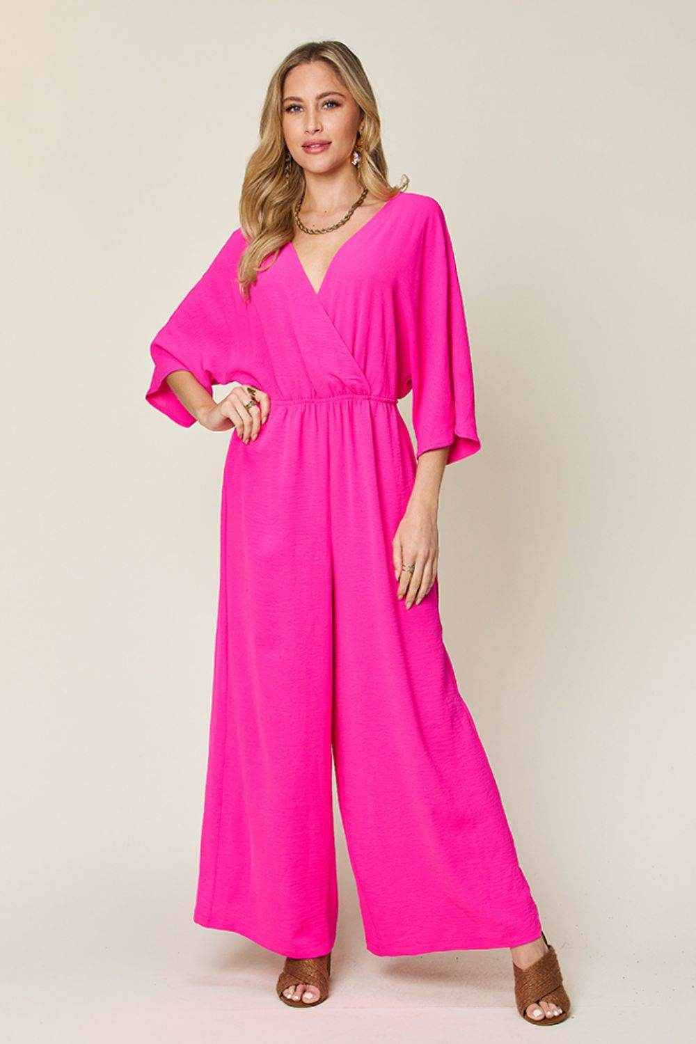 Double Take Full Size Surplice Wide Leg Jumpsuit with Pockets - Purcell's Clothing Company