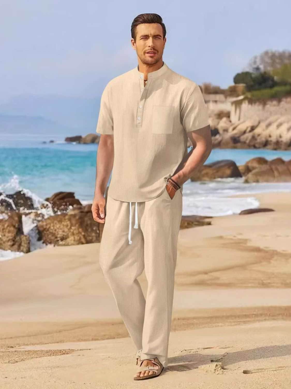 Men's Full Size Half Button Top and Drawstring Pants Set Plus Size - Purcell's Clothing Company