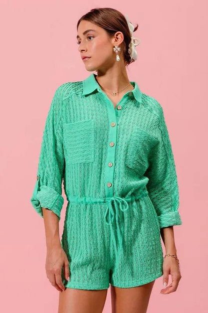 SO ME Textured Knit Button Front Romper - Purcell's Clothing Company