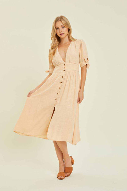 HEYSON Full Size Textured Linen V-Neck Button-Down Midi Dress - Purcell's Clothing Company