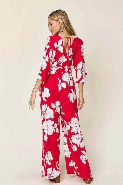 Double Take Full Size Printed Tie Back Wide Leg Jumpsuit - Purcell's Clothing Company