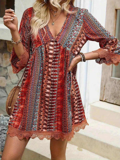 Lace Trim Printed V-Neck 3/4 Sleeve Dress - Purcell's Clothing Company