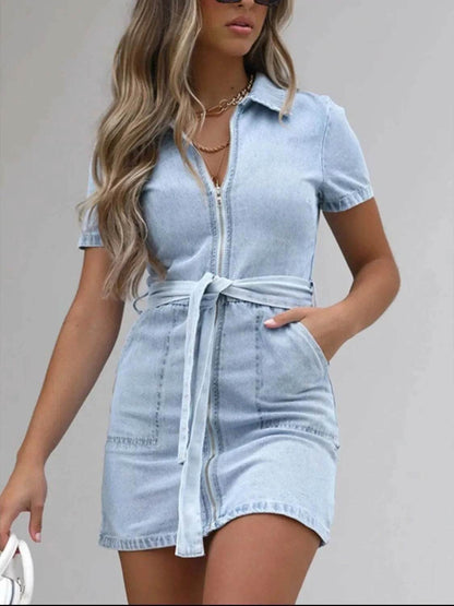 Full Size Zip Front Short Sleeve Denim Dress Plus Size - Purcell's Clothing Company