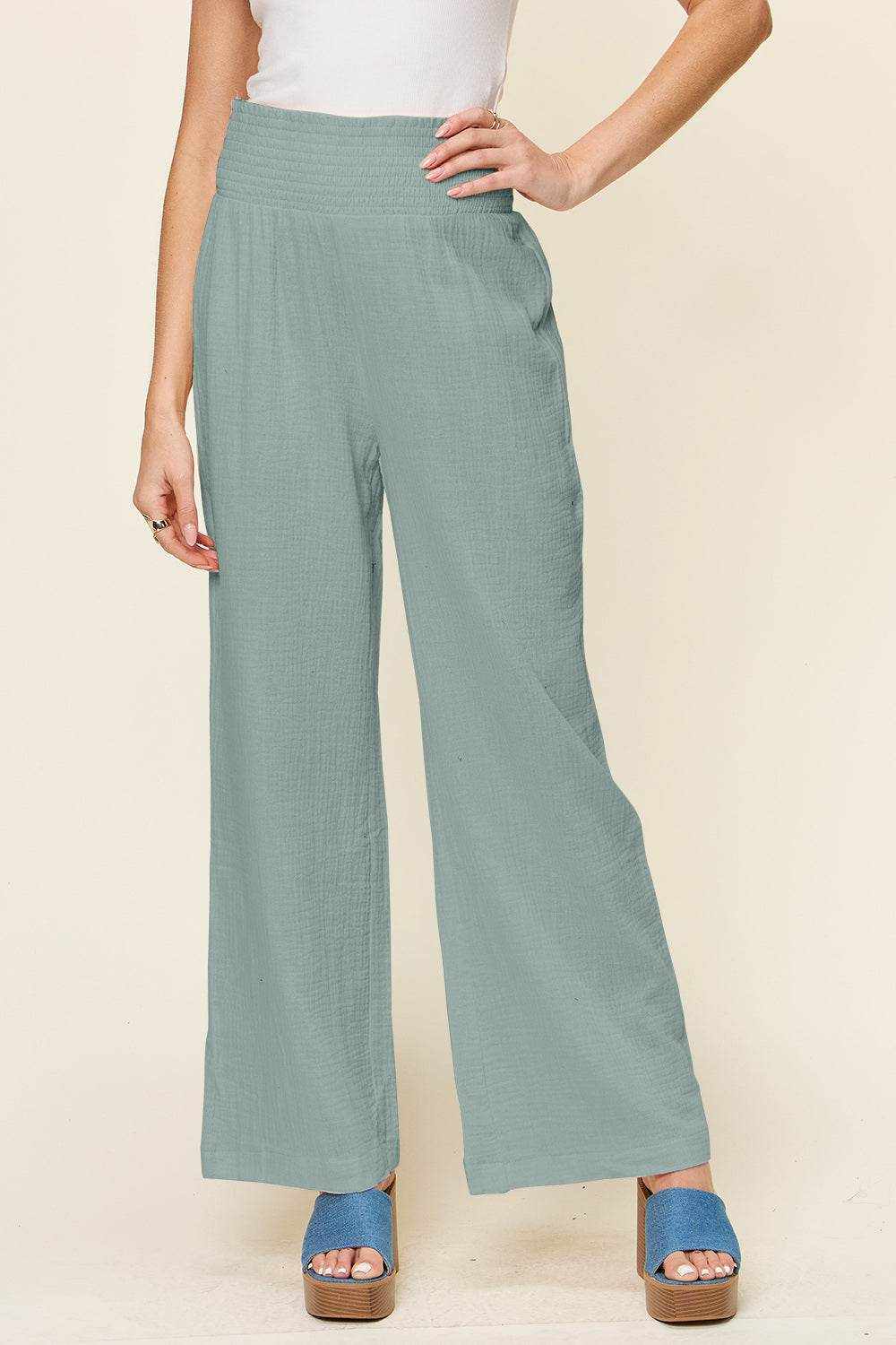 Double Take Full Size Texture Smocked Waist Wide Leg Pants - Purcell's Clothing Company