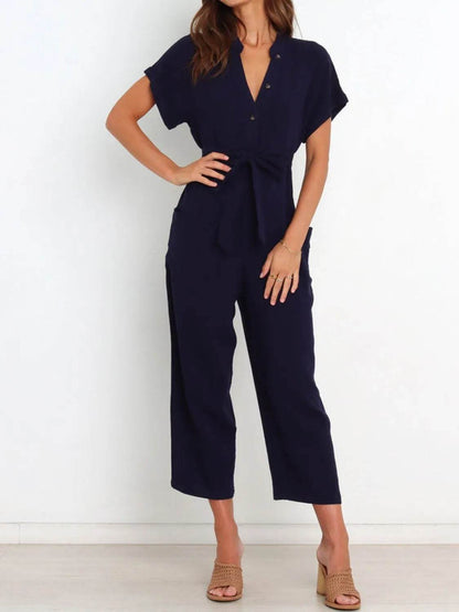 Notched Short Sleeve Tie Waist Jumpsuit - Purcell's Clothing Company