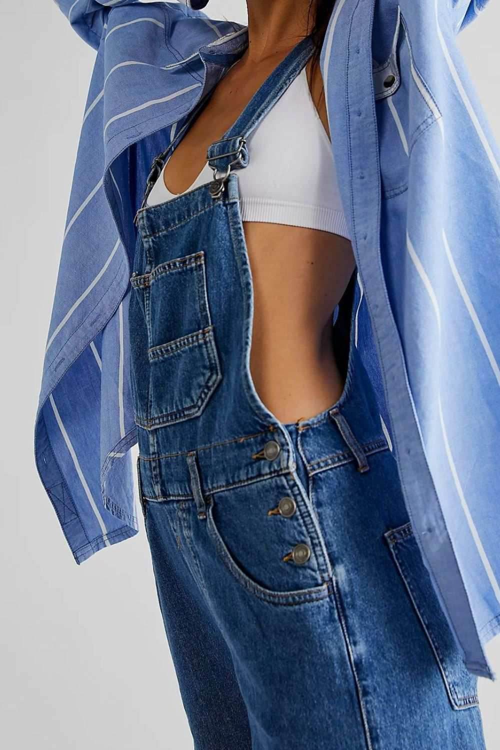 Wide Strap Square Neck Denim Overalls - Purcell's Clothing Company
