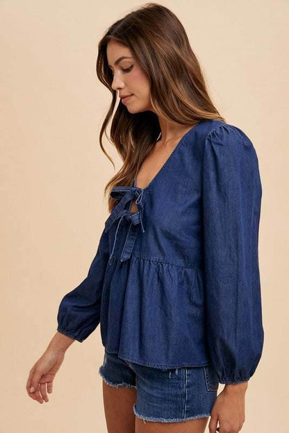 Annie Wear Tie Front Peplum Long Sleeve Denim Top - Purcell's Clothing Company