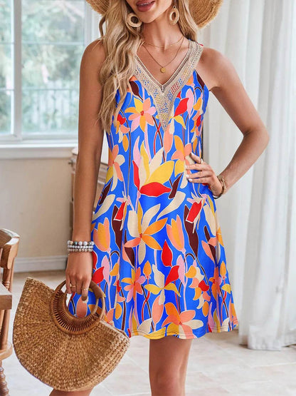 Lace Detail Printed V-Neck Sleeveless Dress - Purcell's Clothing Company